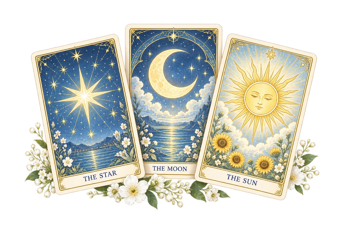 星・月・太陽を描いた青と金のタロットカード