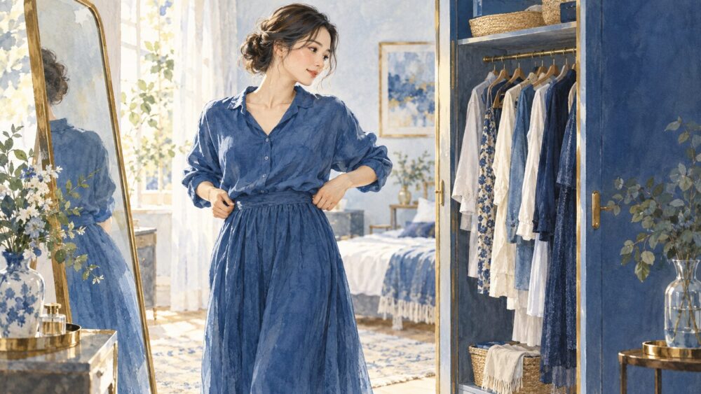 鏡の前で自分に合う服を選ぶ女性。