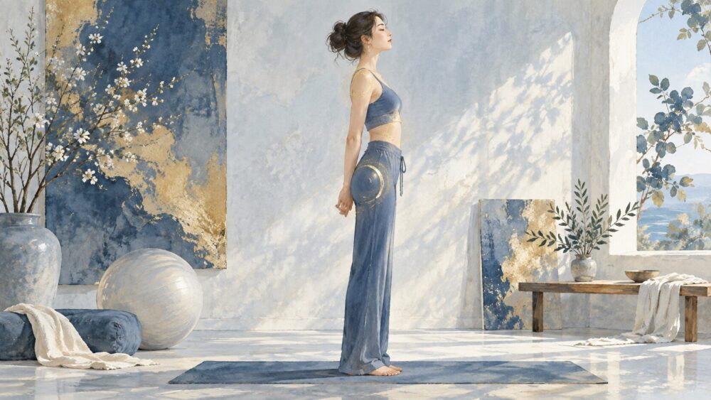 青い室内で呼吸を整え、軽いストレッチをする女性。