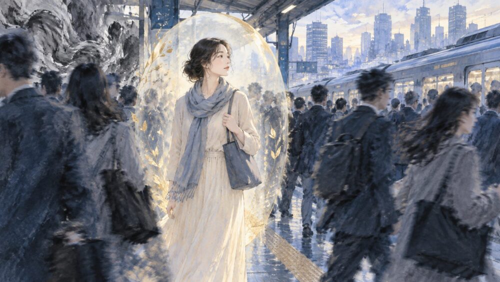 通勤する人々の中で自分の境界を保つ女性。