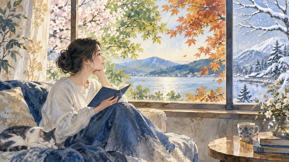 季節が移る湖畔を窓から眺めながら本を読む女性。
