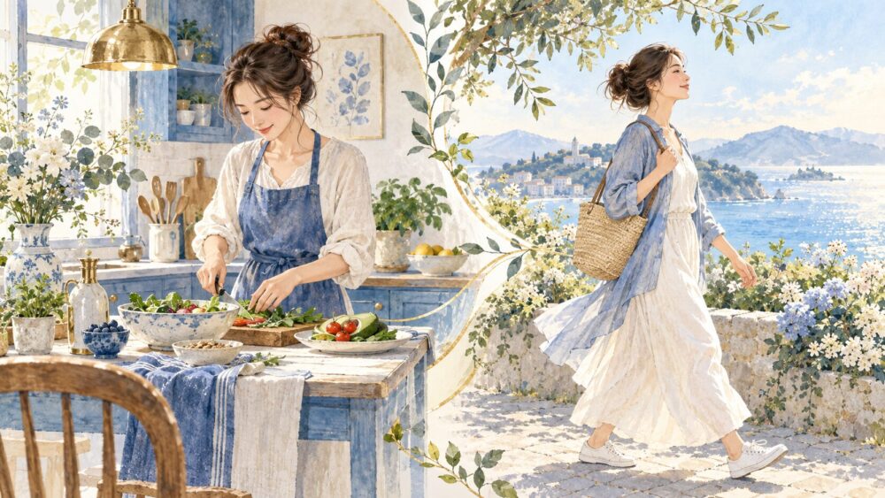 食卓に食事を整える場面と、外へ出て歩き始める女性。