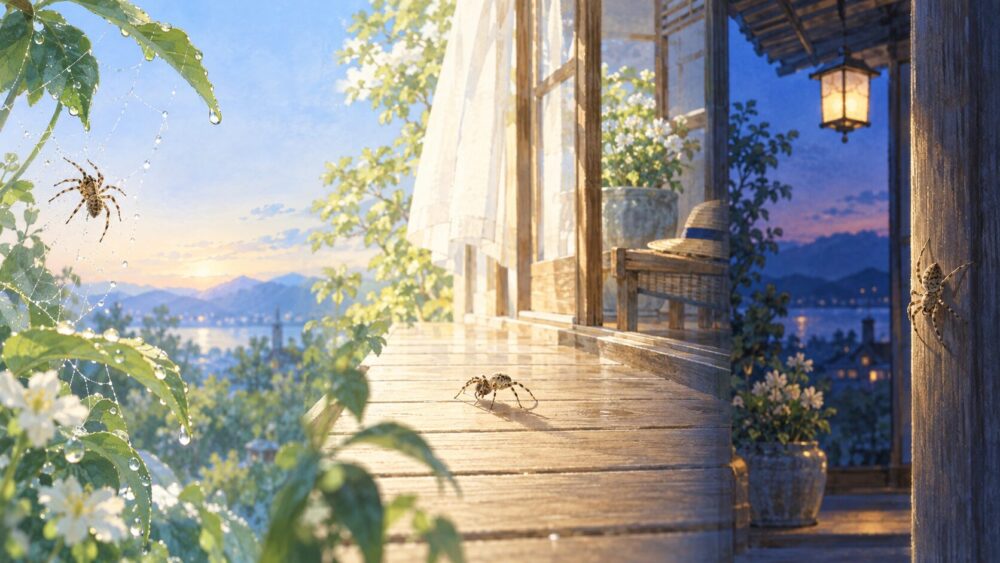 同じ種類の蜘蛛を朝・昼・夜の異なる光の中で見比べる情景。