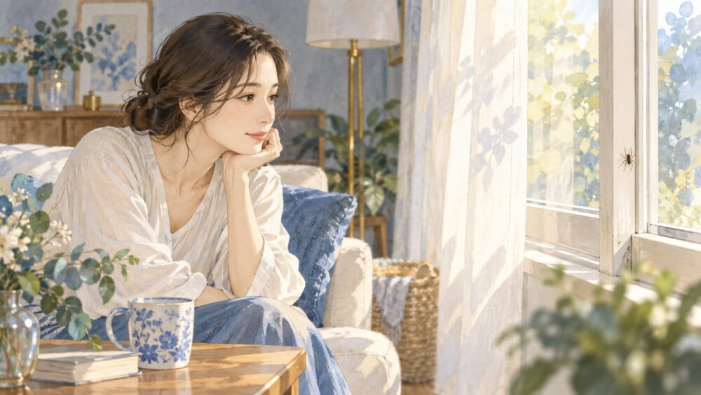 居間の窓際に小さな蜘蛛を見つけ、そっと見守る女性。