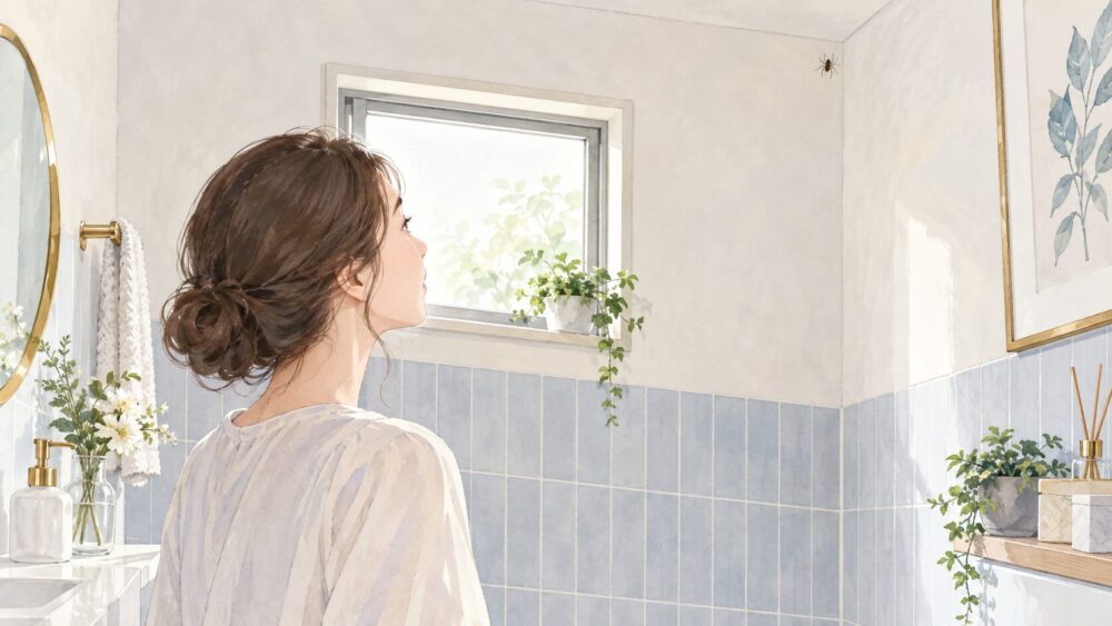 清潔なトイレの壁にいる小さな蜘蛛に気づく場面。