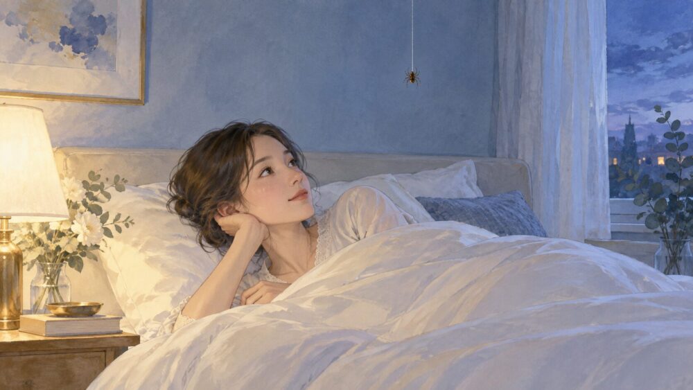 寝室のベッドで休む人の近くに、糸を伝って降りてくる蜘蛛。