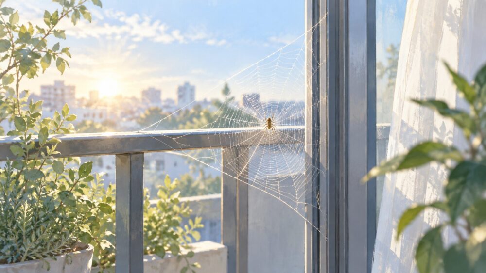ベランダの窓辺に張られた巣と、朝日に透ける蜘蛛の糸。