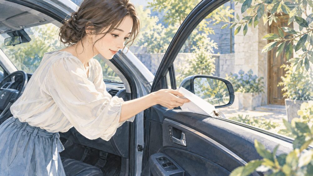 停車した車の窓辺にいる蜘蛛を、外へ逃がそうとする場面。