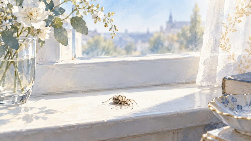 窓辺に静かに残された蜘蛛の死骸を、落ち着いた色調で描く。