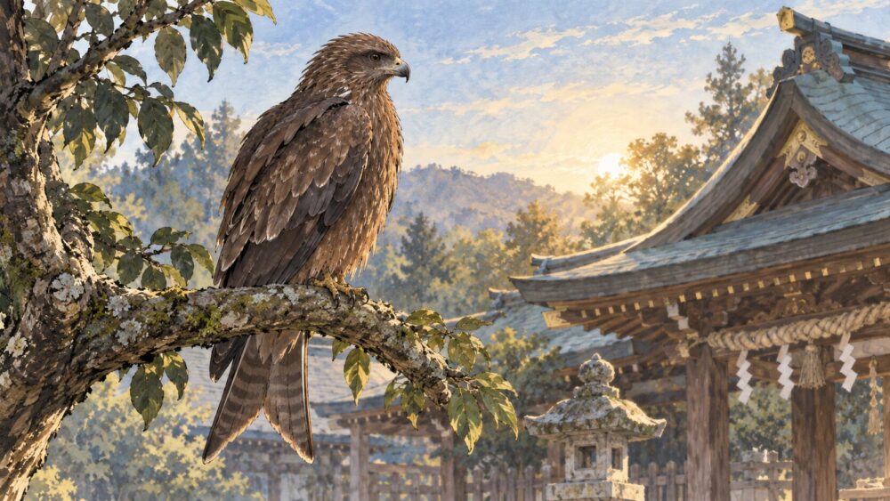 トンビの鳴き声を聞くスピリチュアル意味を描いた水彩イラスト