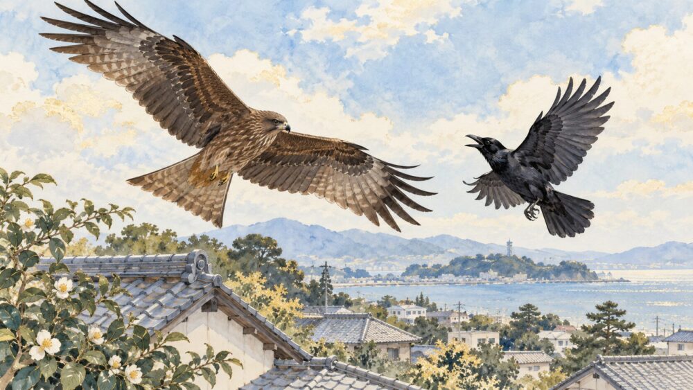 トンビがカラスと戦ってるのを見るスピリチュアル意味を描いた水彩イラスト