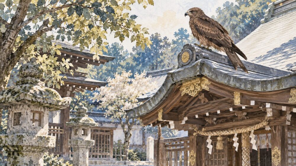 神社の近くにいるトビ