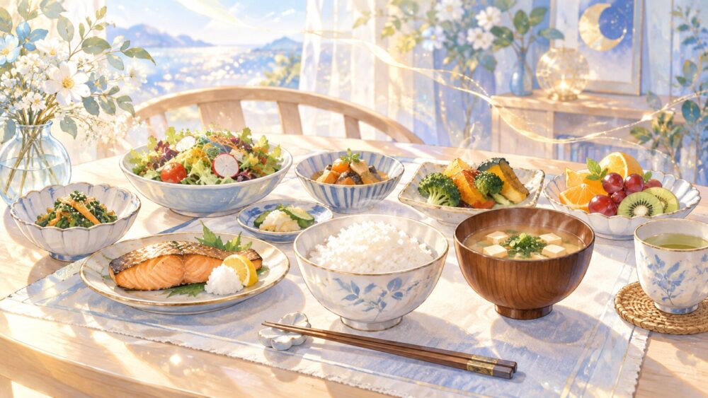 ご飯と魚、汁物、野菜を並べた食卓のイラスト