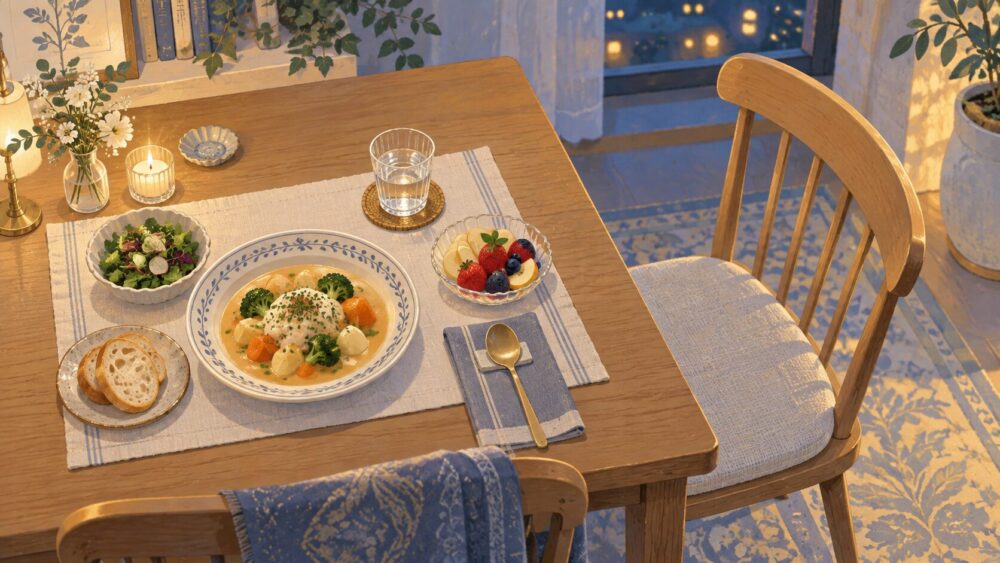 二脚の椅子と食事を配した家庭の食卓を上から描いたイラスト
