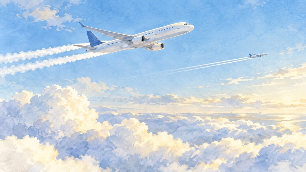 青空に別々の飛行機雲を描きながら進む大小二機の旅客機。