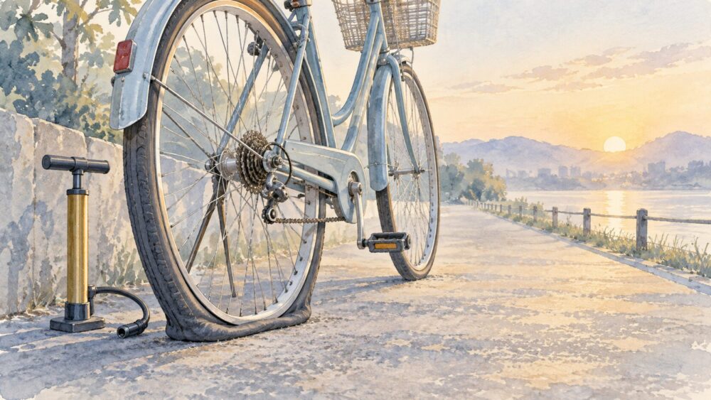 空気の抜けた自転車の後輪と携帯ポンプ、先へ続く静かな道。