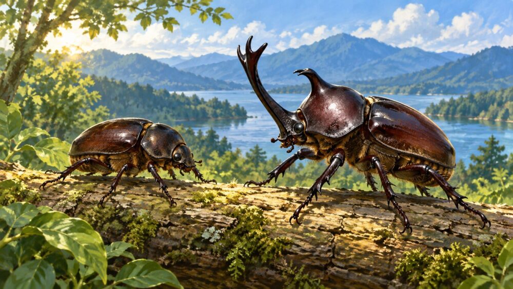 角のないメスと立派な角のオスのカブトムシ