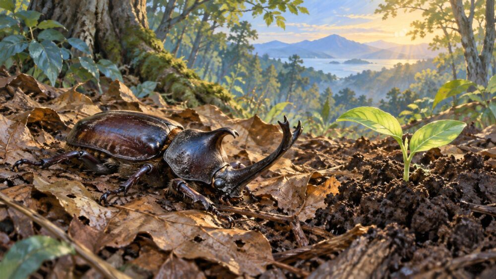 落ち葉の土に還るカブトムシと新芽