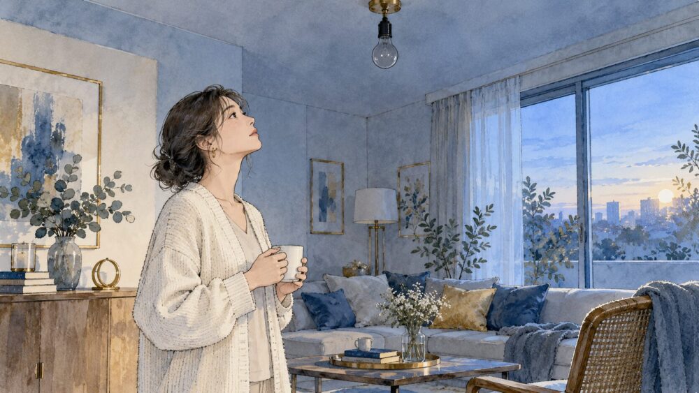 暗くなった電球を見上げる女性と、窓から差す朝の光。