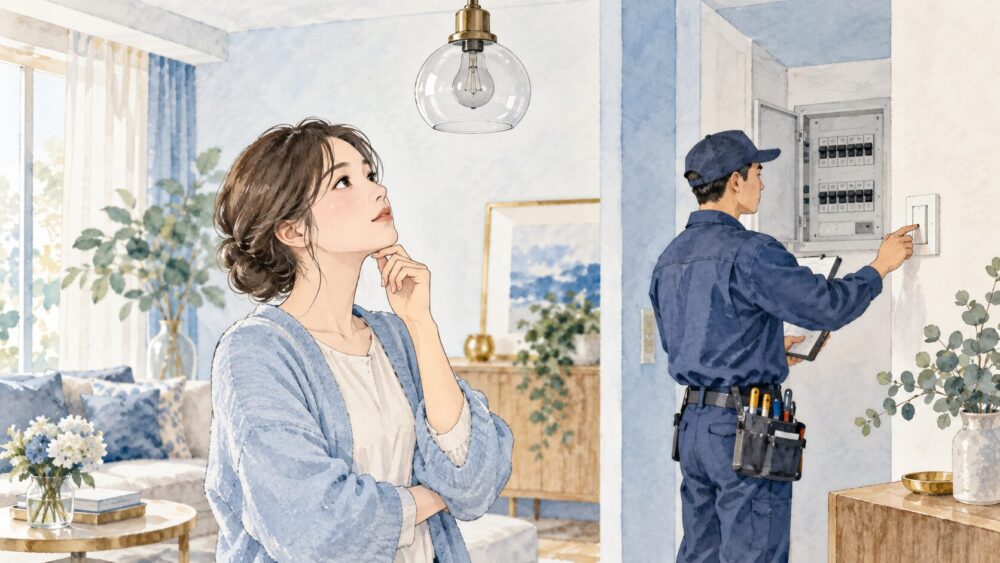 照明の状態を見ながらブレーカーを確認する電気工事士と住人。