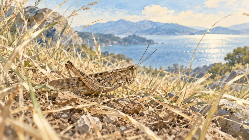 乾いた草地にとまる茶色のバッタと、地面に根を張る草。