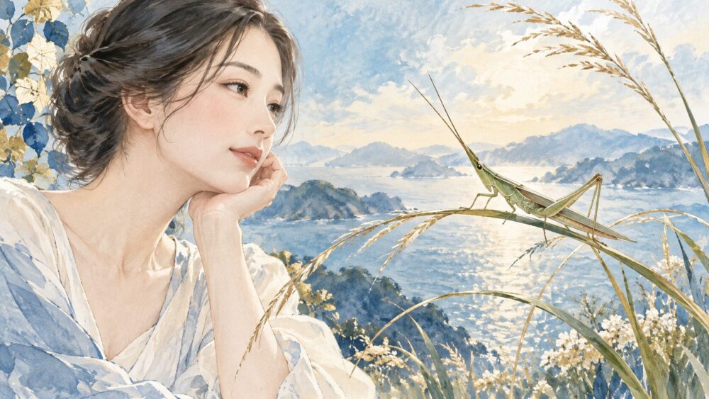 細長い体と長い後ろ脚を持つショウリョウバッタの全身。