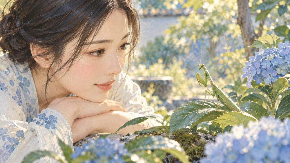 胸の前で鎌を合わせたカマキリを、朝の庭で静かに見つめる女性。