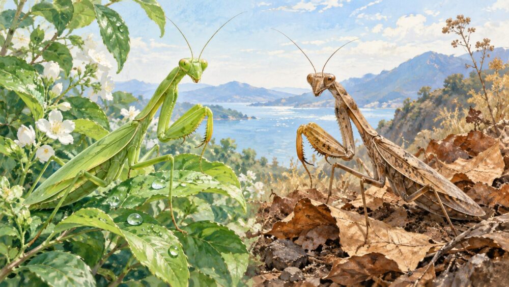緑の葉にとまる緑色のカマキリと、落ち葉のそばにいる茶色のカマキリ。