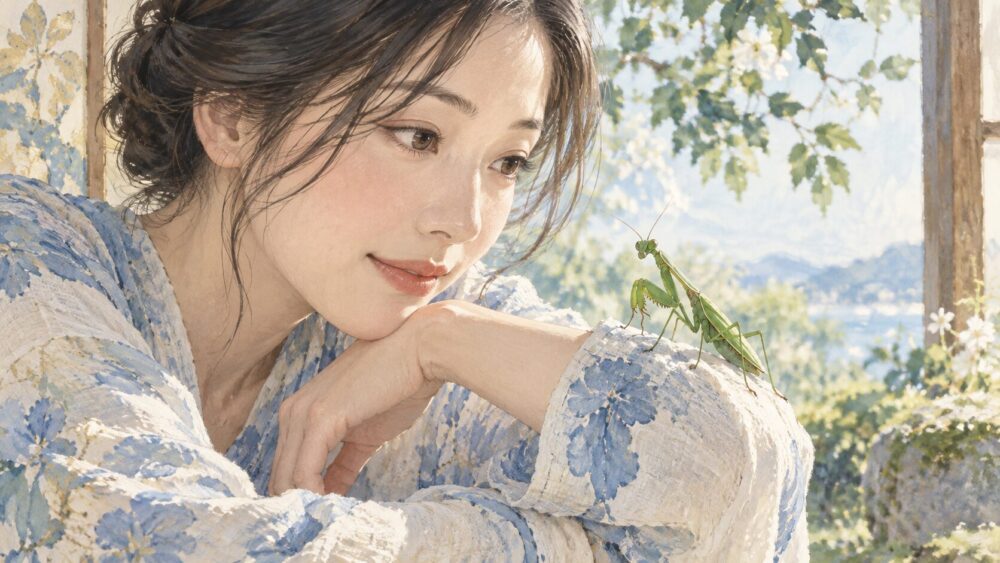 女性の袖にとまったカマキリと、目が合ったように見つめ合う瞬間。