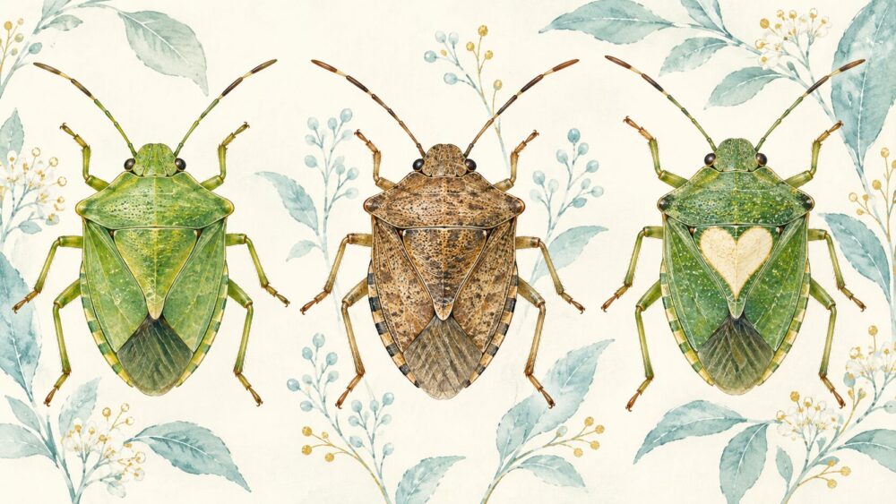 緑色・茶色・ハート模様のカメムシを並べて色や種類を見比べるイラスト