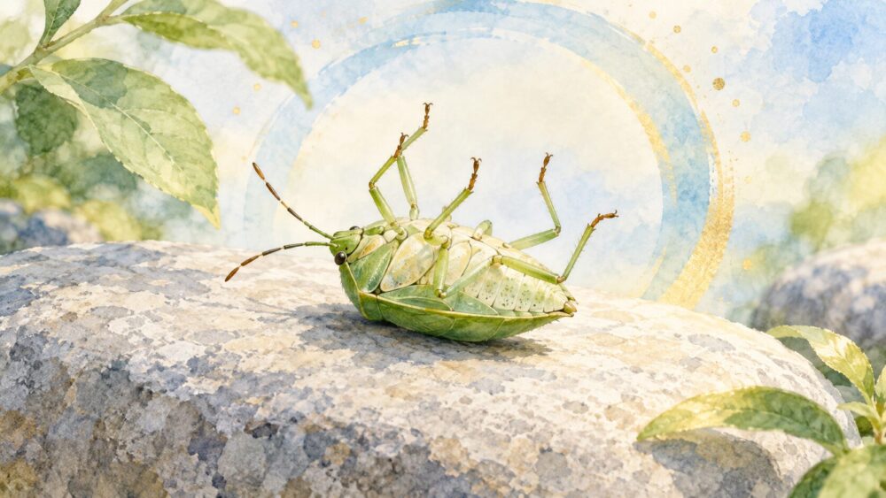 ひっくり返ったカメムシの姿と、状況が転じるサインを表したイラスト