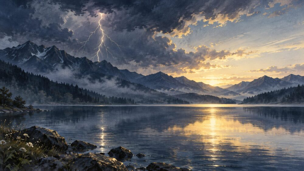 嵐が遠ざかる山あいの湖に、雲間の稲妻と夕方の光が映る風景。