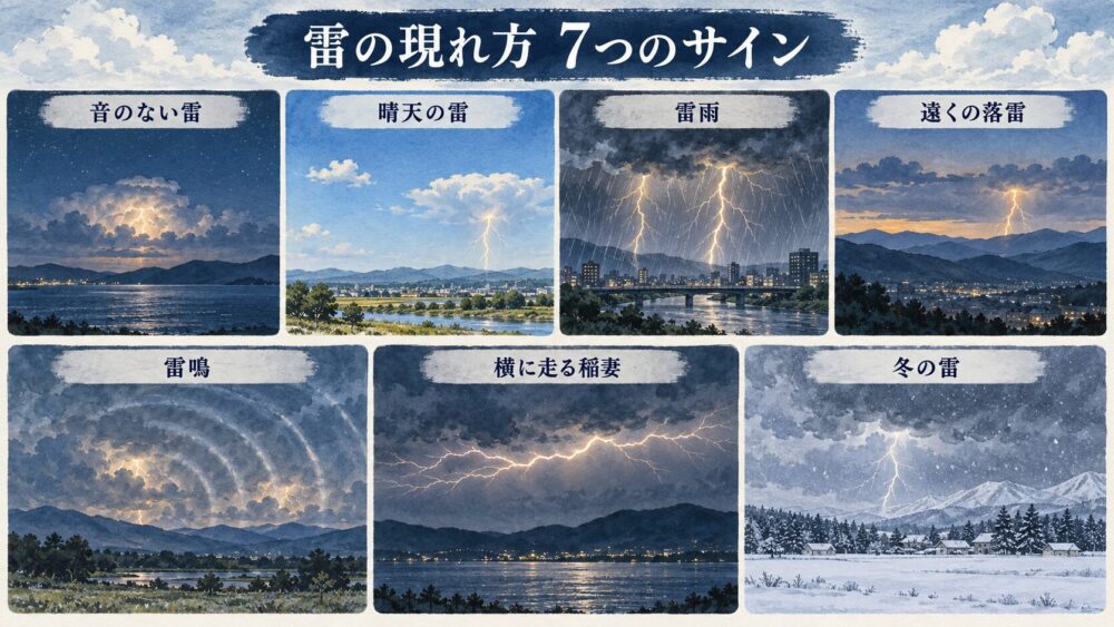 無音の雷や晴天の雷、雷雨など7種類の雷の現象を見比べられる図解。