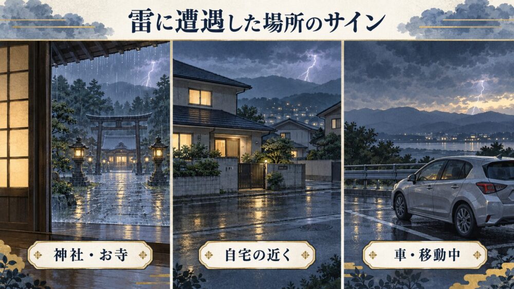神社、自宅近く、車内など雷に遭遇した場所を安全な距離から描いた比較図。