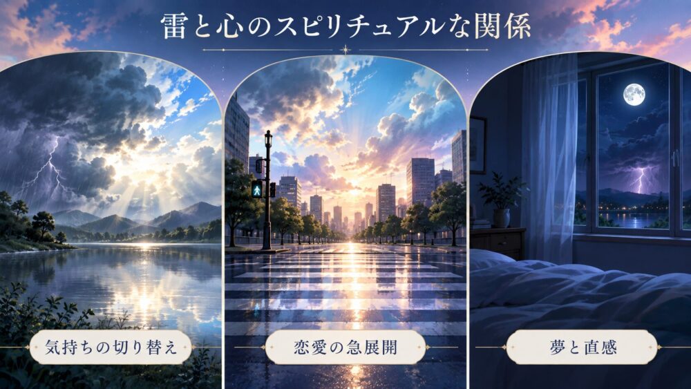 気持ちの切り替え、恋愛の急展開、夢と直感を雷の風景で示す図解。