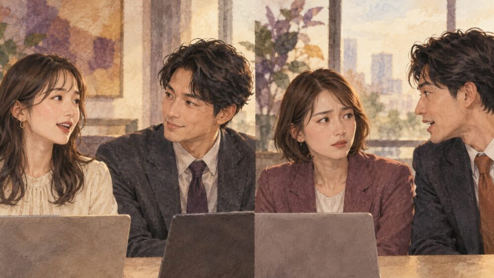 職場で相手の話を聞く人と、話に割り込む人の対照的な場面。