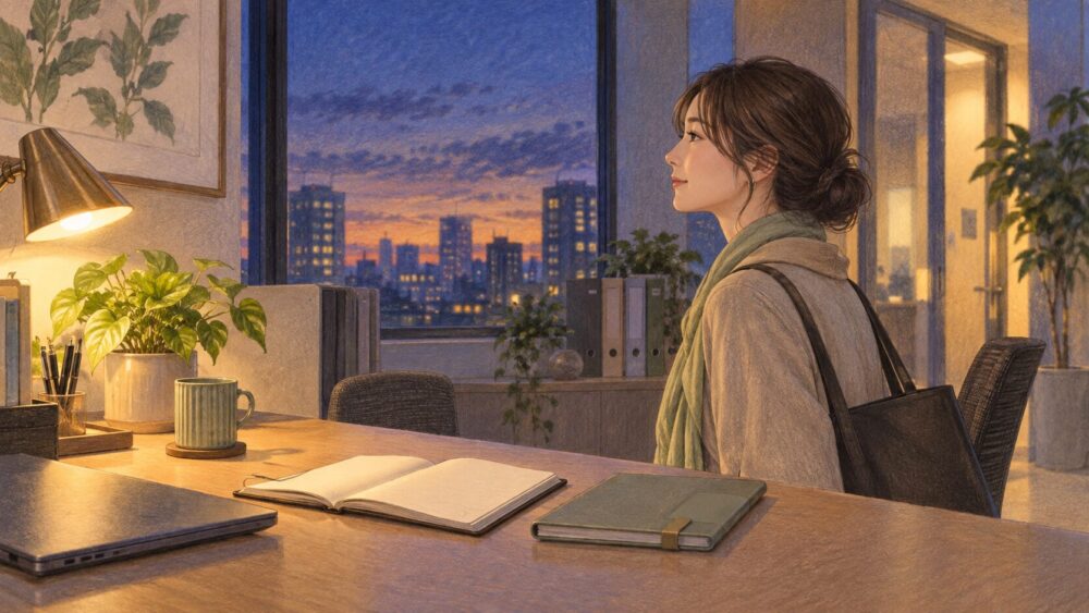夕暮れの職場で手帳を開き、落ち着いて帰り支度をする人。