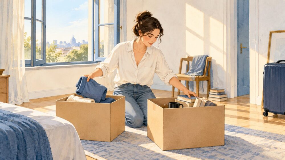 不要な箱を整理し、清潔な新居を整える女性。