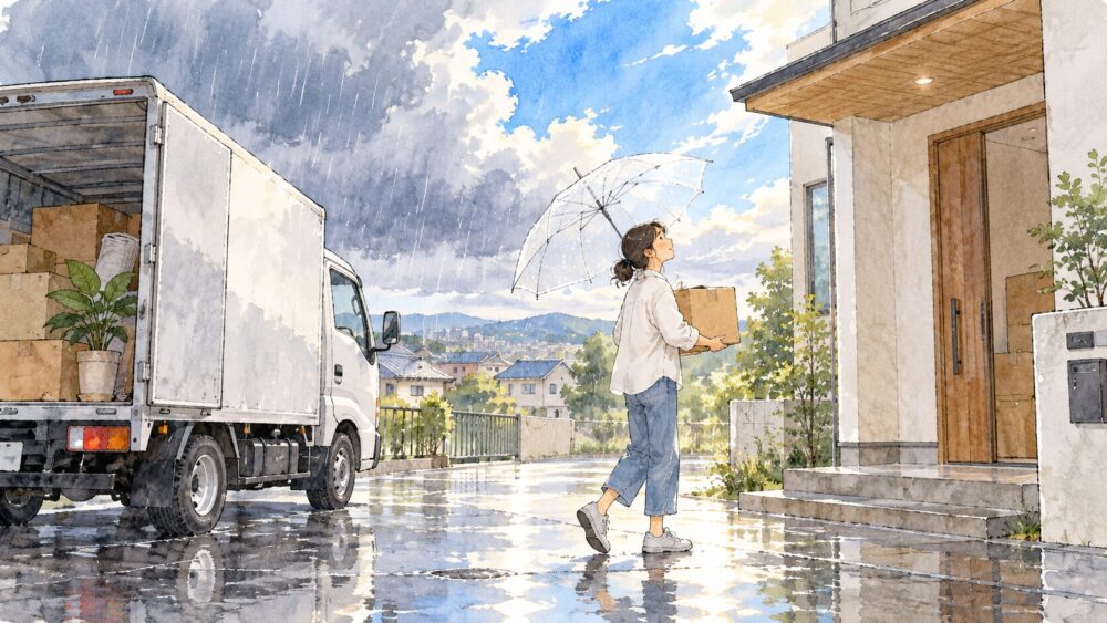 雨の引っ越し先で窓を開け、澄んだ空気を迎える場面。