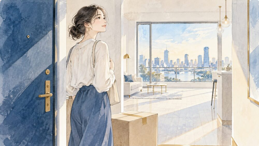 段ボールを手に新居の窓を開け、次の暮らしを始める女性。
