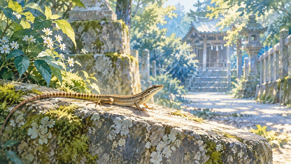 神社の石垣で日光浴をする、細い体と長い尾が特徴のカナヘビ。