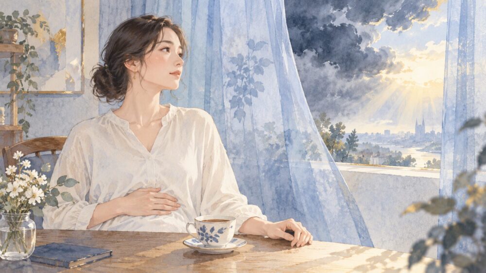 服の上からお腹に手を添え、雲が晴れる窓辺で気持ちを見つめる女性。