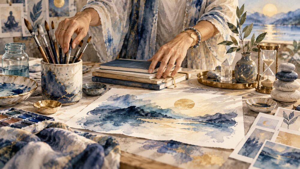 絵筆や道具を前に、作品づくりや優先順位を考える手元。