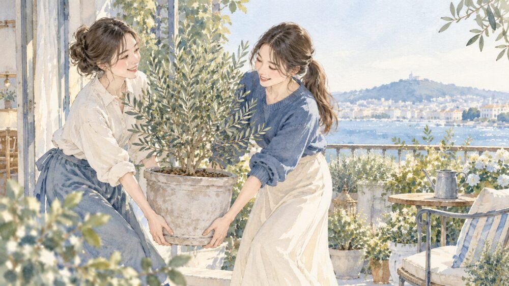 友人と協力して大きな鉢植えを運ぶ女性たち。