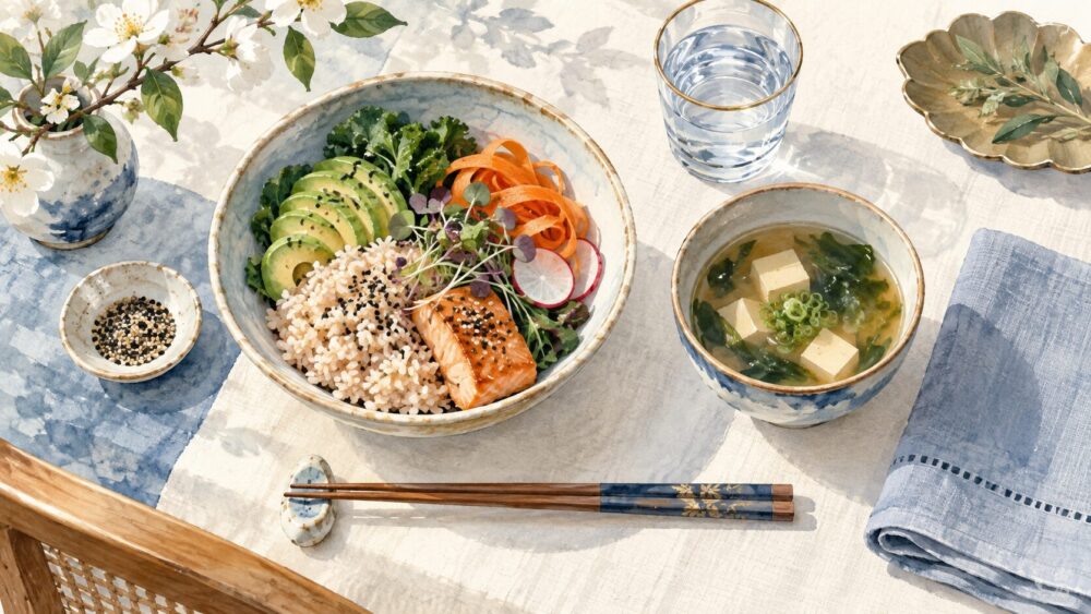 食卓の整った食事と箸、水で、食べ方を見直す場面を表現。
