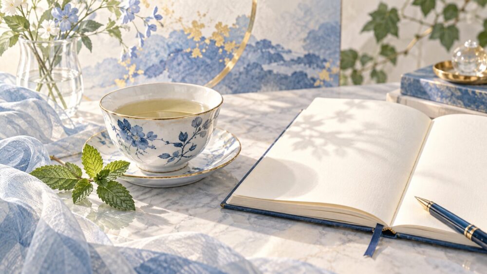 ミントの葉、茶器、白紙のノートで言葉を選ぶ静かな時間を表現。