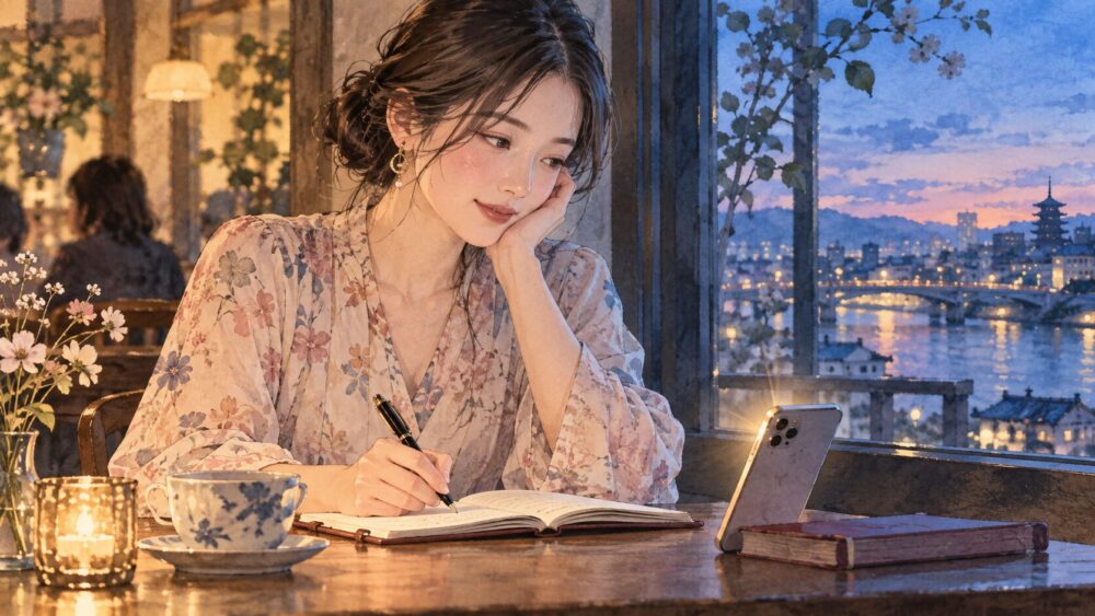 カフェでメッセージを受け取り、ノートに気持ちを書きとめる女性。