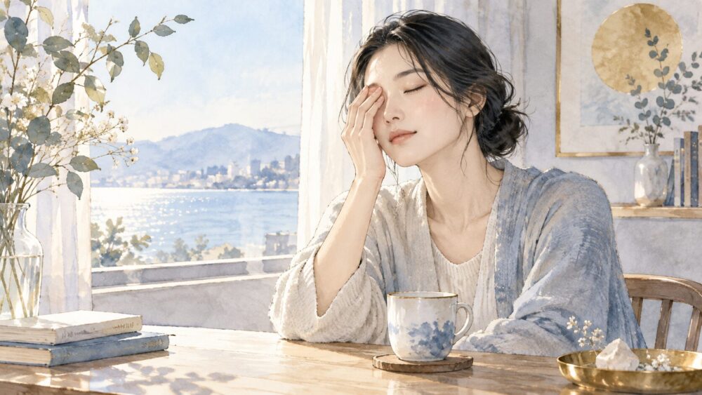 窓辺で目を休め、自分の気持ちを見つめる女性。