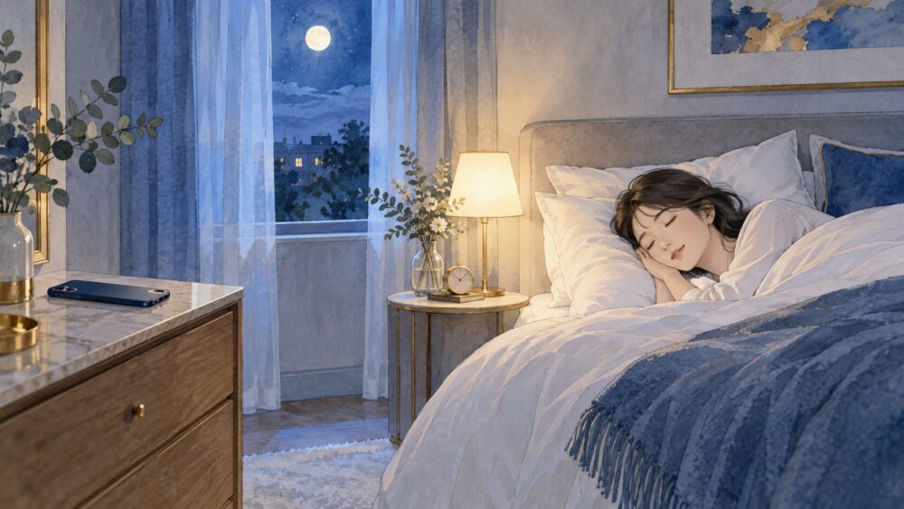 寝室でスマートフォンをベッドから離し、ゆっくり眠る女性。