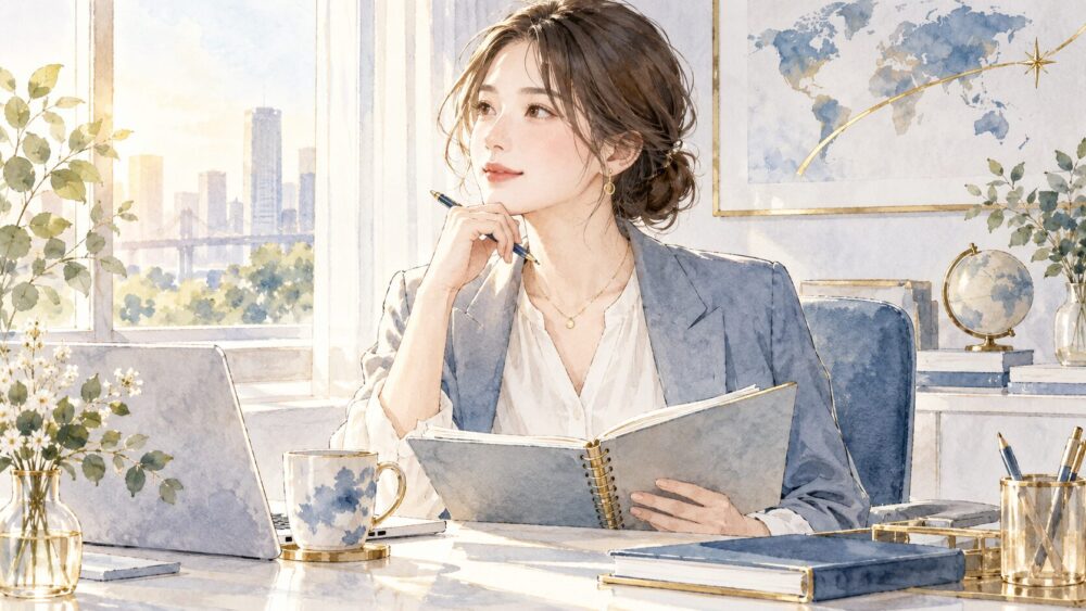 朝の仕事机でノートを開き、これからの予定を考える女性。